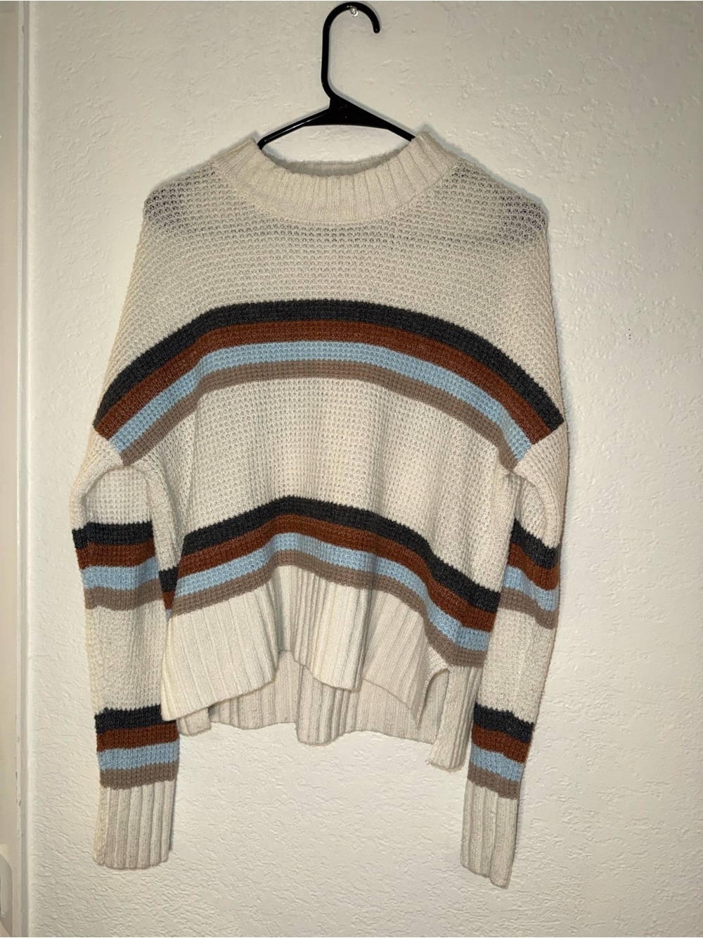 SO Cream Crewneck Sweater with Blue, Brown & Charcoal Stripes